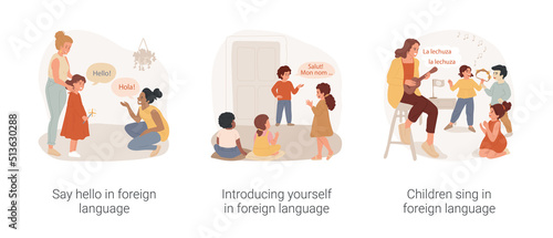 Bilingual immersion program in daycare isolated cartoon vector illustration set. Say hello in foreign language, introducing yourself, children sing and listen music, kindergarten vector cartoon. © Vector Juice