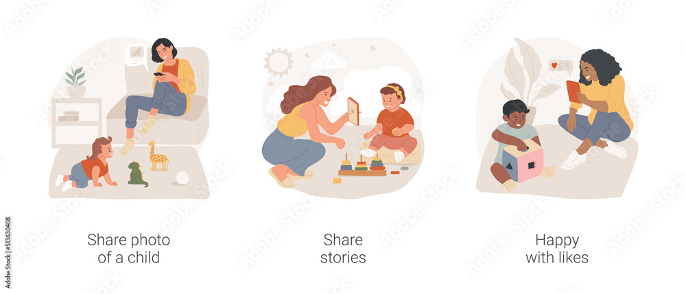 Social media and motherhood isolated cartoon vector illustration set. Young women share photo of child, social media posting addiction, filming stories with kid, happy with likes vector cartoon.