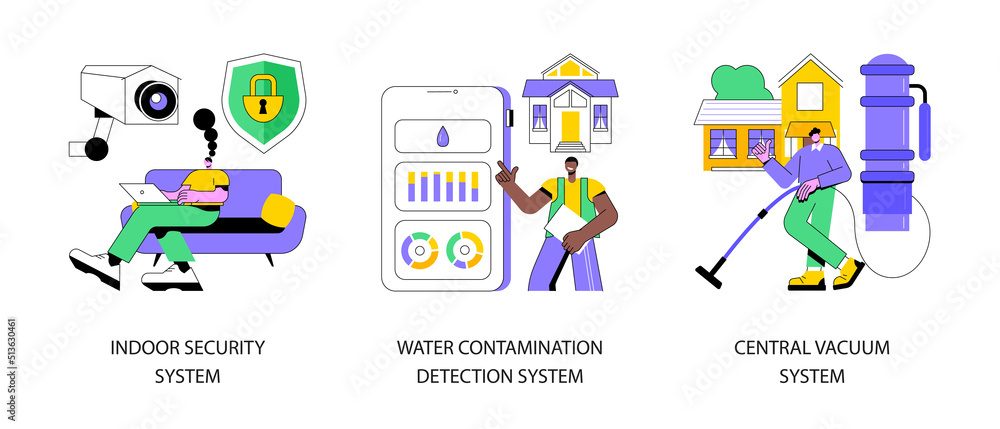 Obraz premium Home comfort and security abstract concept vector illustration set. Indoor security system, water contamination detection, central vacuum installation, smart home sensor, door lock abstract metaphor.