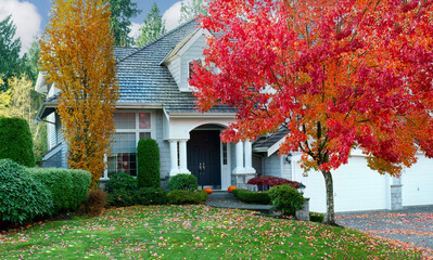 Front view of late autumn season with modern residential home