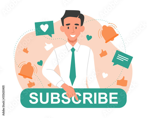 Man asks to subscribe. Young guy points his finger at button. Famous personality and popular video blogger uses marketing techniques to attract new subscribers. Cartoon flat vector illustration