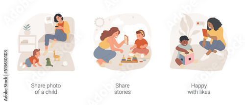 Social media and motherhood isolated cartoon vector illustration set. Young women share photo of child, social media posting addiction, filming stories with kid, happy with likes vector cartoon.