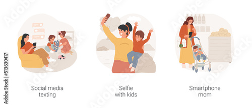 Social media use isolated cartoon vector illustration set. Young mother texting, social media addiction, making selfie with kids, sharing with friends, mom using smartphone non stop vector cartoon.