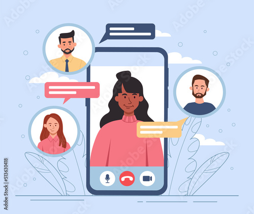 Video call concept. Men and girls communicate on Internet, video conference of friends or colleagues. Modern technologies, remote employees. Social networks. Cartoon flat vector illustration