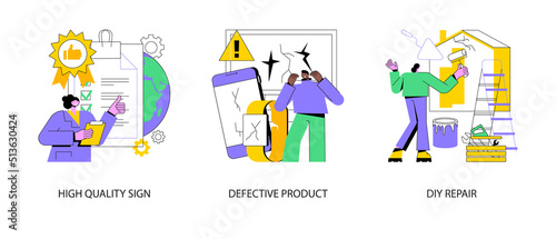 Product quality abstract concept vector illustration set. High quality sign, defective product, DIY repair, ISO certification, broken equipment, repair manual, video tutorial abstract metaphor.