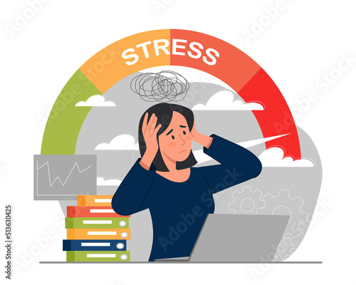 Woman in stress. Girl in panic holds head in front of computer. Employee does not have time to meet deadline, poor time management. Work pressure and burnout. Cartoon flat vector illustration