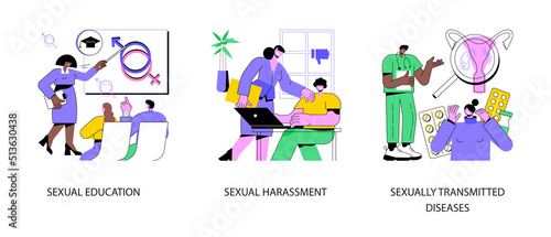 Sexual behavior abstract concept vector illustration set. Sexual education, harassment relationships, sexually transmitted diseases, abuse and assault, social interactions abstract metaphor.