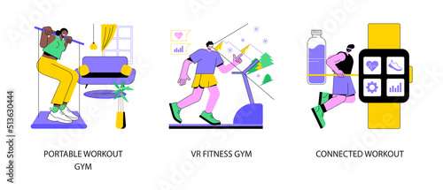 Sport lifestyle abstract concept vector illustration set. Portable workout gym, VR fitness, connected workout, home workout system, virtual reality training session, smart gym abstract metaphor.