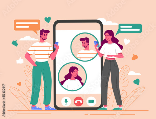 Chat on smartphone. Man and woman communicate in social networks and instant messengers. Modern technologies and digital world. Young couple chatting on internet. Cartoon flat vector illustration