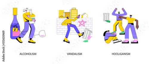 Social problems abstract concept vector illustration set. Alcoholism drinking problem, vandalism and hooliganism, football fans, mass riots, violence and looting, walls graffiti abstract metaphor.