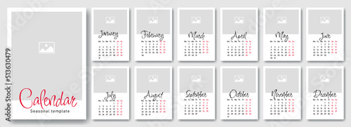 Calendar template 2022. Graphic elements for website or printing on cardboard, 12 months and 4 seasons. Interface for creating applications and mobile programs. Cartoon flat vector illustration