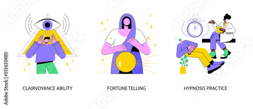 Extrasensory ability abstract concept vector illustration set. Clairvoyance ability, fortune telling, hypnosis practice, tarot reading services, crystal ball, medical trance abstract metaphor.