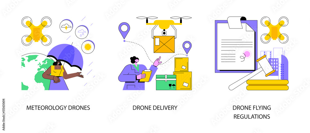 Autonomous aircraft use abstract concept vector illustration set. Meteorology drones, commercial drone delivery, flying regulations, goods shipping, weather prediction, quadrocopter abstract metaphor.