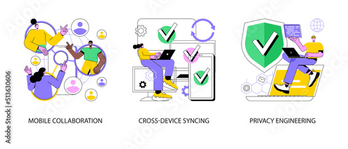 Networking app software abstract concept vector illustration set. Mobile collaboration, cross-device syncing, privacy engineering, mobile and desktop versions, personal data defense abstract metaphor.