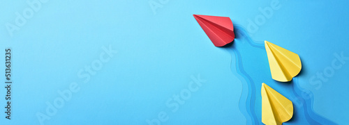 Success leadership strategy concept, rocket paper fly over color blue river,inspiration Individual red paper photo