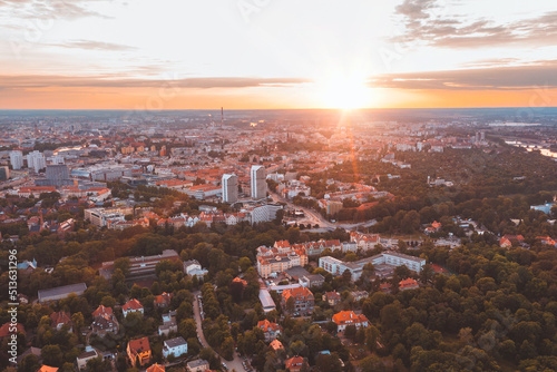 View from a height of the cityscape at sunset, the panorama of the city of Wroclaw, Poland