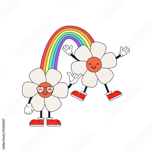 Cheerful rainbow character with daisy flowers. Funny LGBT sticker.