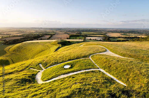 Uffington White Horse. Prehistoric Bronze Age chalk hill figure Oxfordshire, England. Close up over head, eye, ears and neck photo