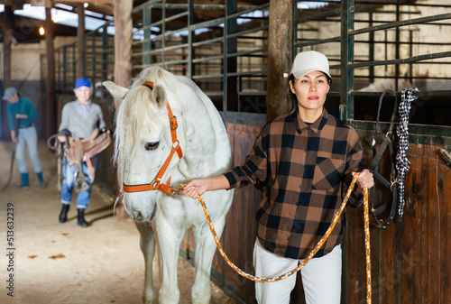 Female stable worker leads a white horse out of the stall
