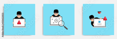 Set bundle of hacker theft data breach warning notification. 3D cartoon vector illustration