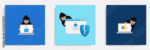 Set bundle of hacker theft personal data identity and file breach. 3D cartoon vector illustration