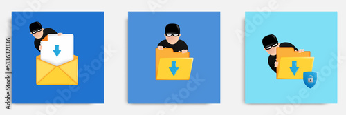 Set bundle of hacker theft personal data folder file document and mail breach. 3D cartoon vector illustration