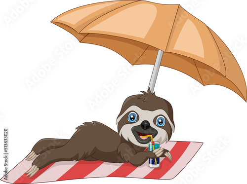 Cute sloth sunbathing on beach towel