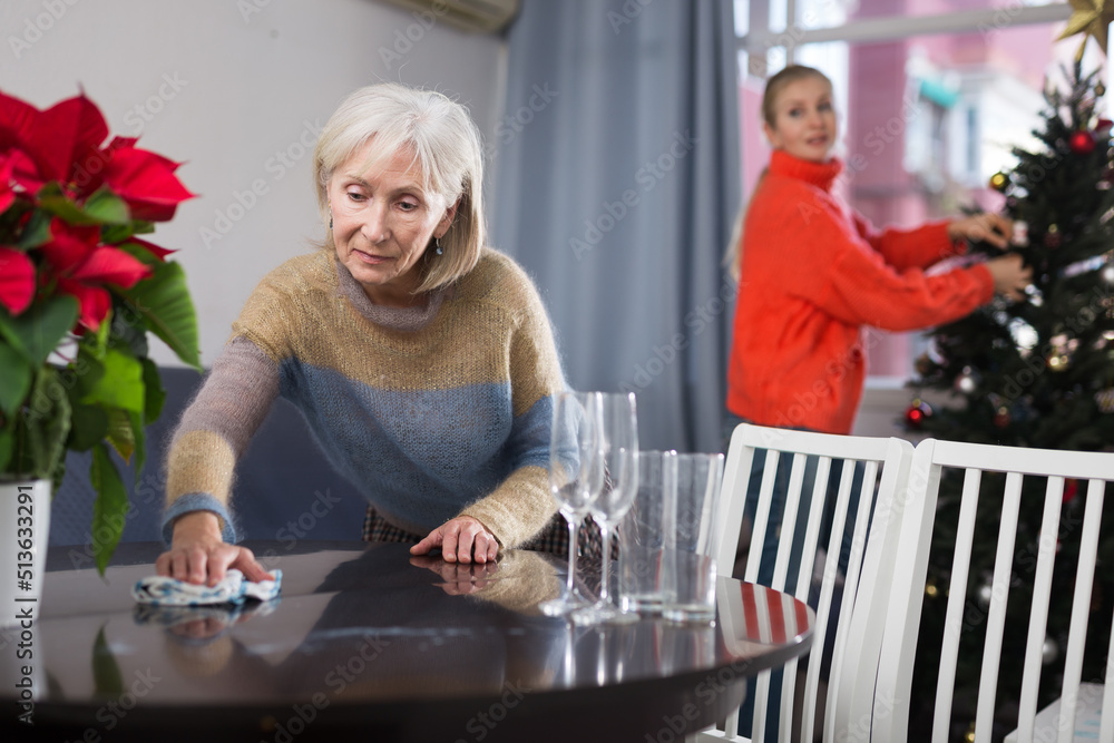 Mature woman and her adult daughter clean the flat before Christmas and  decorate the Christmas tree with toys Stock Photo | Adobe Stock