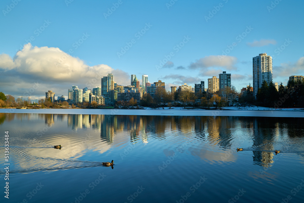 Lost Lagoon Winter Ducks Vancouver. Stanley Park's Lost Lagoon reflections. Vancouver, British Columbia, Canada.

