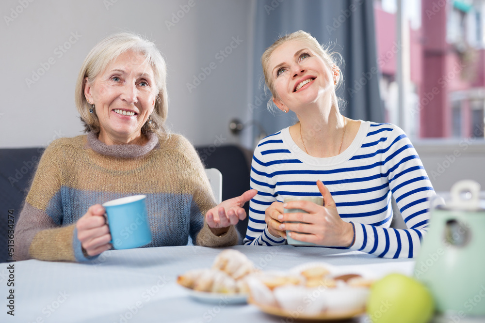 Positive mature woman and her adult daughter, who came to visit her, drink tea and chat, telling the latest news