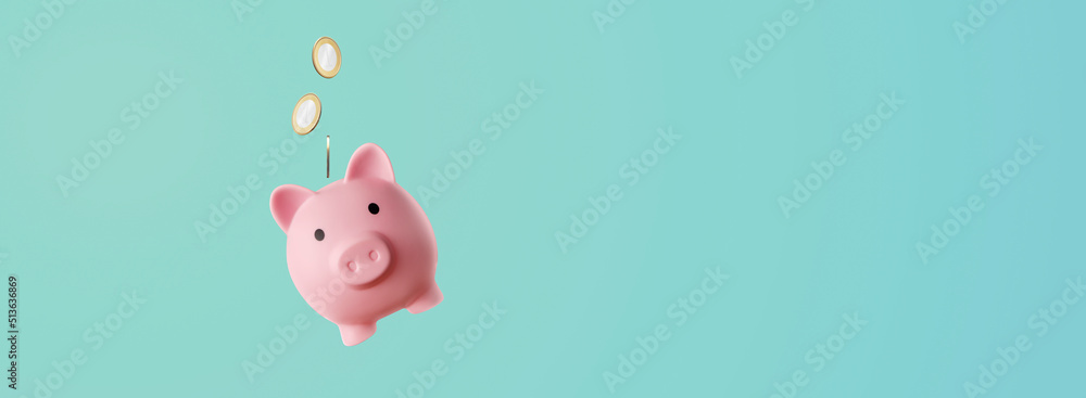 pink piggy bank with coins falling inside - savings concept - obrazy, fototapety, plakaty 
