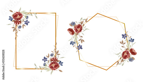 Set watercolor floral gold frame