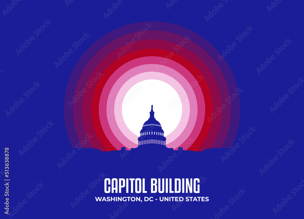 Capital Building illustration. Moonlight symbol of famous statue and building in United States. Color tone based on official country flag. Vector eps 10.