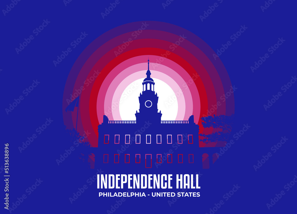 Independence Hall illustration. Moonlight symbol of famous statue and building in United States. Color tone based on official country flag. Vector eps 10.