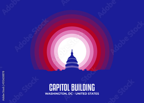 Capital Building illustration. Moonlight symbol of famous statue and building in United States. Color tone based on official country flag. Vector eps 10.