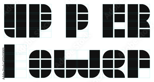 Editable Bauhaus geometric font concept with grid template.