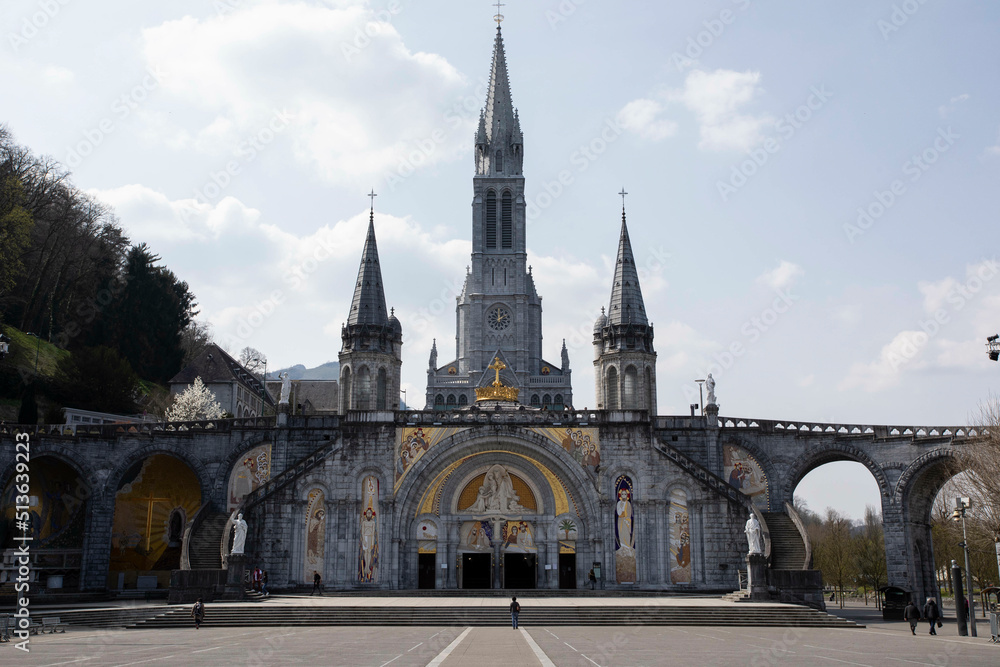 The front exterior of Our Lady of Lourdes Sanctuary in France