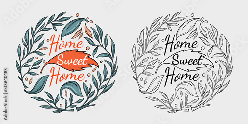 Home sweet home frame wreath border floral geometric background leaf plant branch isolat