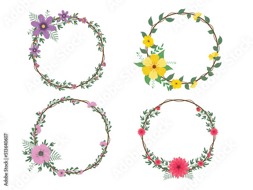 Round wreaths with spring and summer flowers set. botanical and floral rim elements Vector illustration