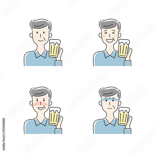 手描き風・ビールを飲む高齢の男性のベクターイラストセット