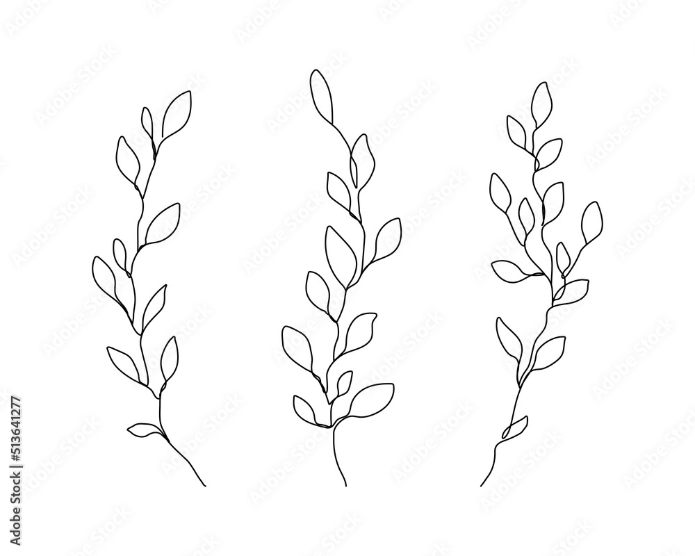 Continuous Line Drawing Set Of Plants Black Sketch of Leaves Isolated on White Background. Leaves One Line Illustration. Minimalist Floral Set. Vector EPS 10.