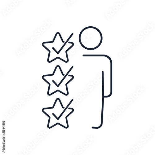 Businessman and stars with checkmarks. Personal professional achievements, used opportunities. Vector linear icon isolated on white background.