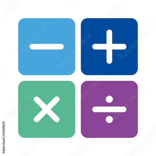 Mathematics. Full color calculator icon for calculator app interface design. Blue, Dark blue, green, purple. Slightly rounded basic elements of graphic design. plus, minus, times equal.