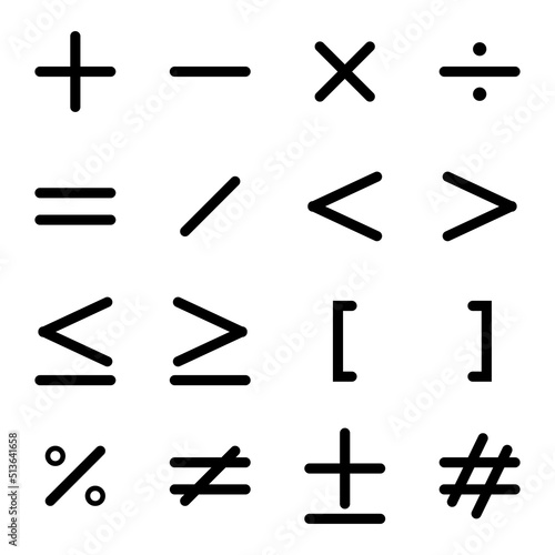Mathematical Icons. Math symbols. Vector icons for calculations. Add, minus, times, divide, comparison symbol, equals, curly, percent, not equal, hashtag. Editable vector illustration