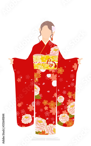 振袖の女性（和服姿）、袖をつまんで可愛いポーズを取る