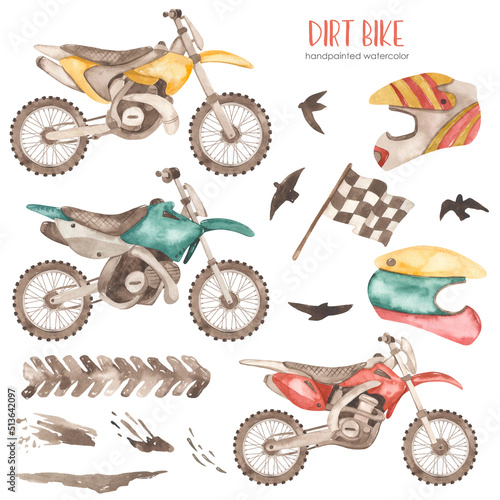 Watercolor set with dirt bikes, helmets, flag, mud, tire tread, birds