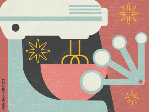 Composite illustration of cooking tools and appliances for food preparation. Retro culinary theme vector illustration for artwork, decor, social media, banners