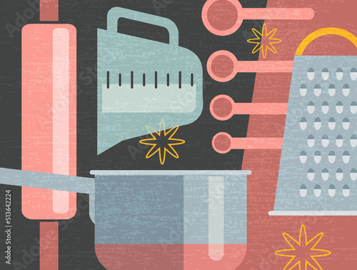 Composite illustration of cooking tools and appliances for food preparation. Retro culinary theme vector illustration for artwork, decor, social media, banners