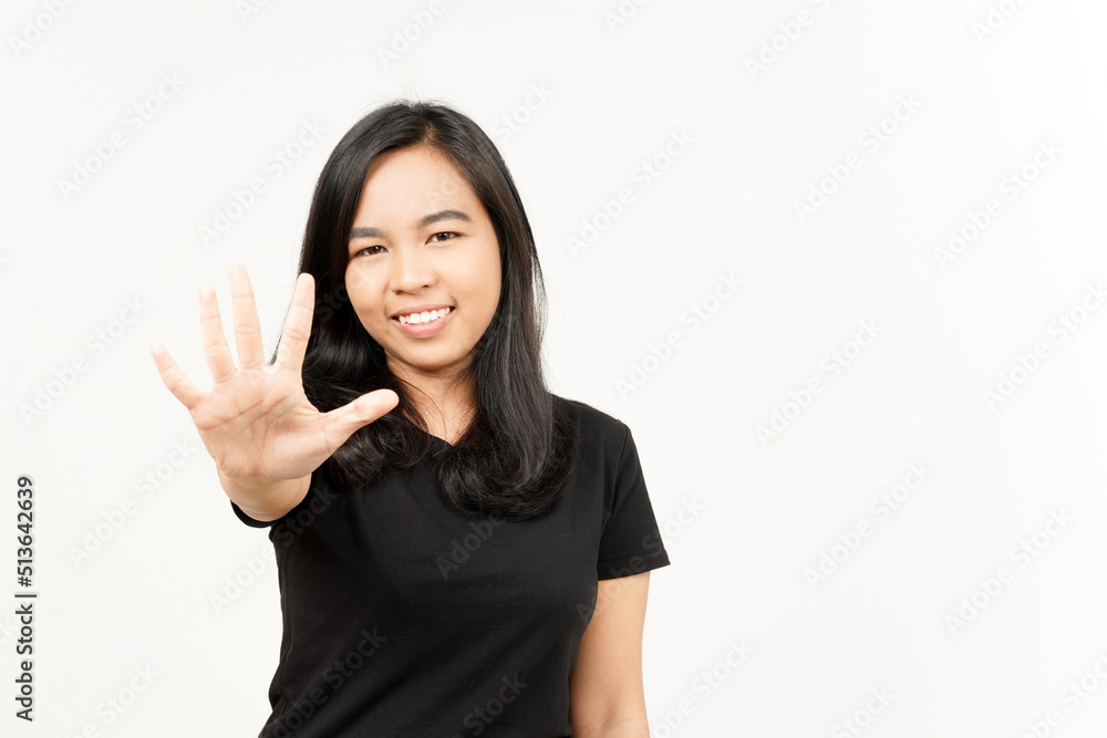 Showing five finger of Beautiful Asian Woman Isolated On White Background