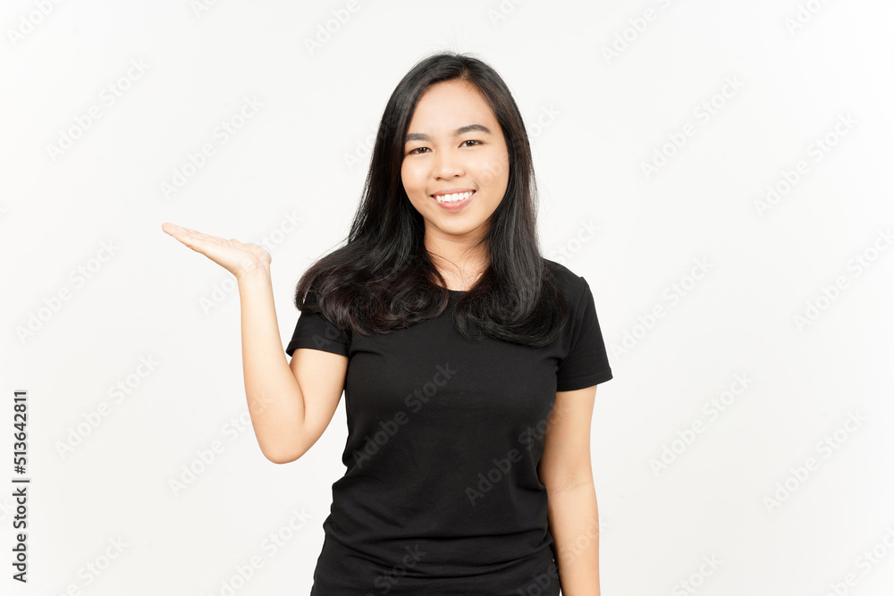 Showing and Presenting Product on Open Palm of Beautiful Asian Woman Isolated On White Background Showing and Presenting Product on Open Palm of Beautiful Asian Woman Isolated On White Background